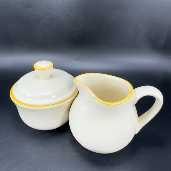 Vintage Franciscan Pottery Sugar Bowl And Creamer Set Ivory With Yellow Edges - Picture 10 of 15